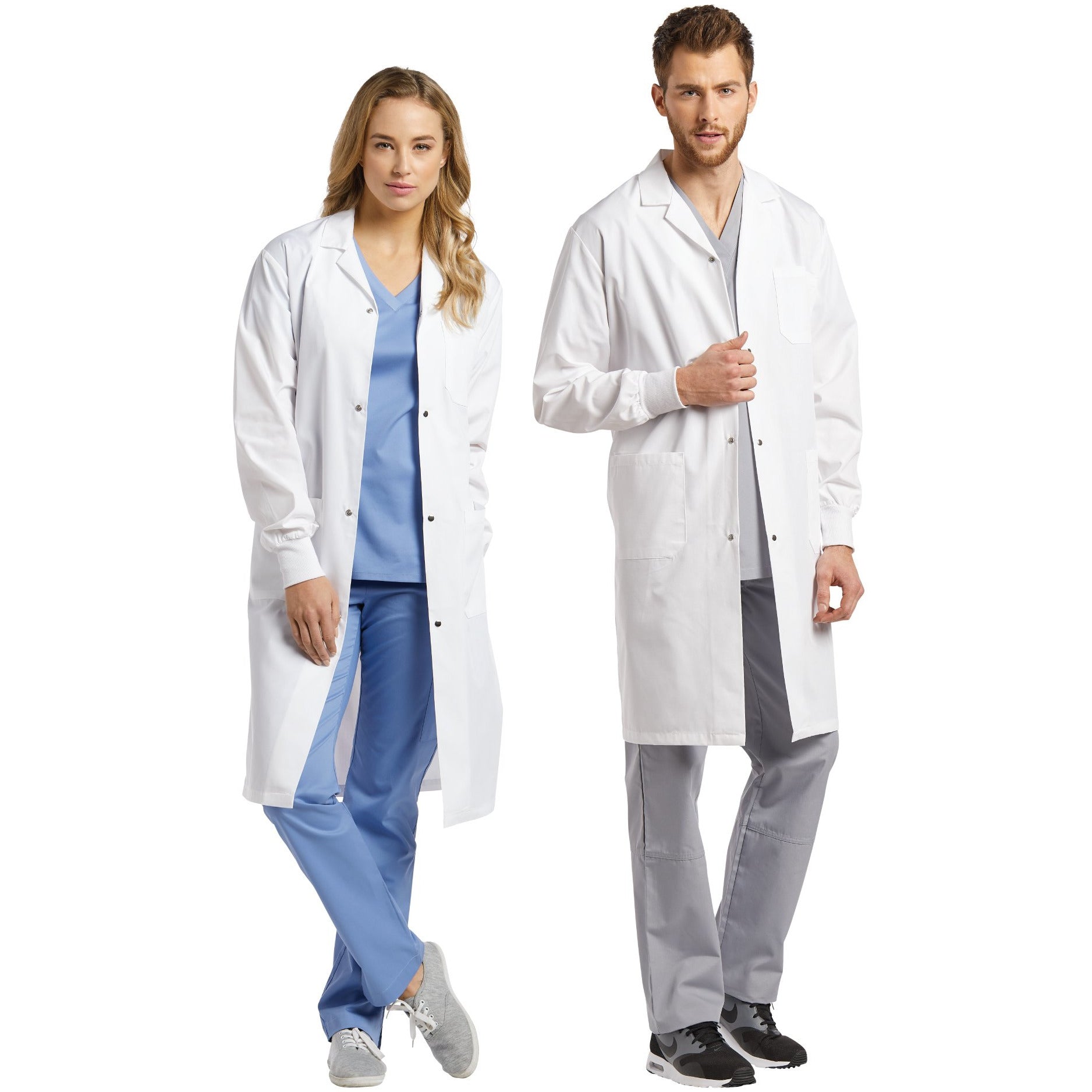 Unisex Three-Pocket Lab Coat with Snaps & Knit Cuffs